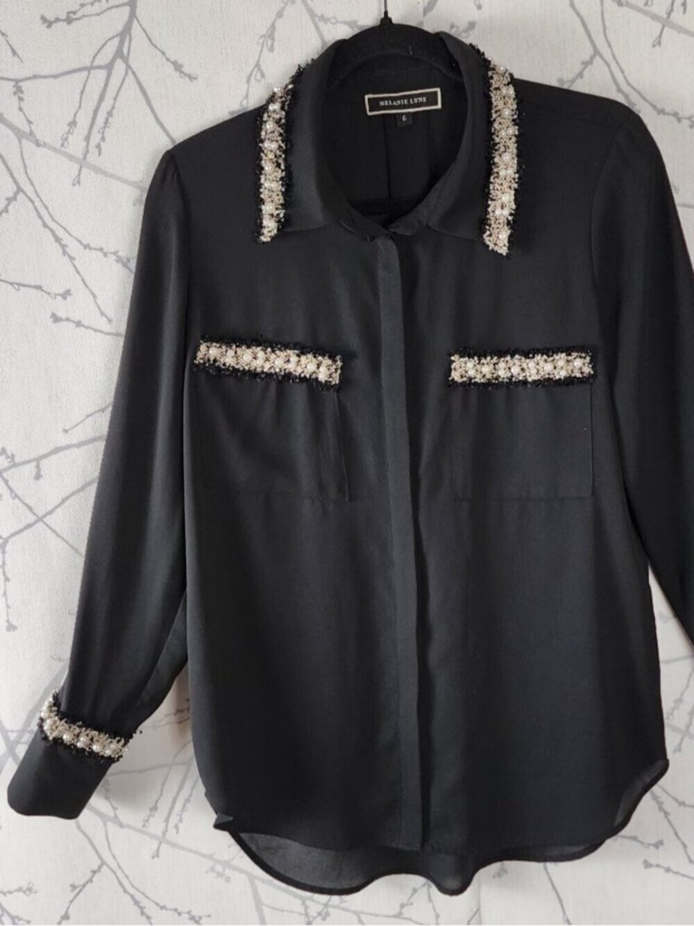 Melanie Lyne Black Georgette Jeweled Pearl Button Up Blouse